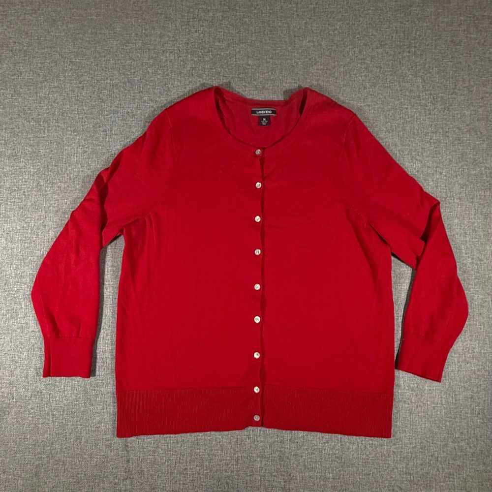 Lands End Cardigan Sweater Womens 1X Red Button Front Long Sleeve Classic Preppy